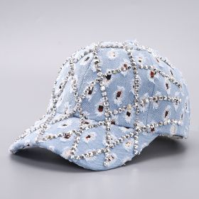 Ripped Diamond Denim Baseball Cap Leopard Rhinestone Fashion Peaked Cap (Option: Light Blue-Adjustable)