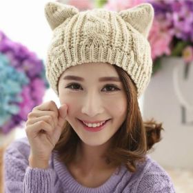 Hand Made 3D Cute Knitted Cat Ear Beanie For Winter (Option: Beige)