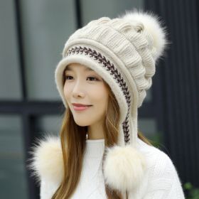 Cozy Knit Fleece-Feel Beanie With Ear Flaps & Pompom Warm Winter Hat For Women Perfect For Skiing & Outdoor Activities (Option: Beige-Without gloves)