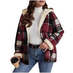 Plaid Printed Coat Fleece-lined Thickened Composite Hooded (Option: Wine red-S)
