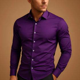 Men's Shirt Business Button Down Shirt Summer Solid Color Long Sleeve Lapel Vacation Shirt Fashion Temperament Casual Tops (Option: Purple  A-L)