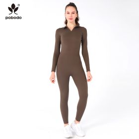 Polo Collar Long Jumpsuit (Option: Brown-L)