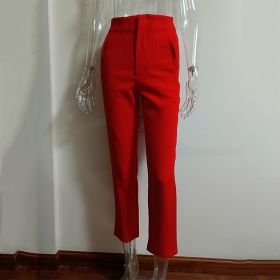 Pleated Casual High Waist Pure Color Slim-fit Basic Pants (Option: Red-L)