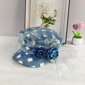 Fashion Flat Top Octagonal Cap Hole Denim All-match Navy Hat (Option: Blue-M)