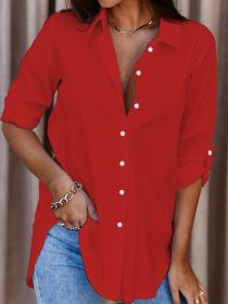 Plus Size Solid Color Shirt Buttons White Black Red (Option: Red-2XL)
