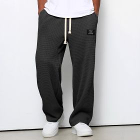 Waffle Straight Pants Fashion Brand Loose Loose  Drawstring Pockets Trousers Casual Men's Clothing (Option: Black-S)