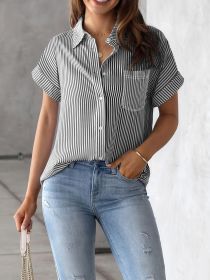 Vertical Striped Button Front Shirt, Stylish Short Sleeve Shirt For Spring & Summer, Women's Clothing (Option: Black-L)
