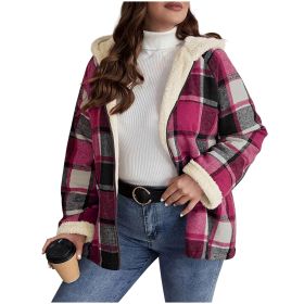 Plaid Printed Coat Fleece-lined Thickened Composite Hooded (Option: Rose red-S)