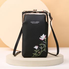 Flower Embroidery Phone Bag With Lock Buckle Outdoor Long Wallet Fashion Shoulder And Crossbody Bags (Option: Black)