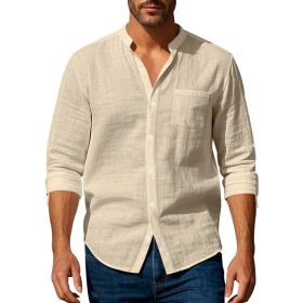 Long Sleeve Stand Collar Shirt With Pockets Casual Men's Clothing (Option: Khaki-S)