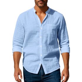 Long Sleeve Stand Collar Shirt With Pockets Casual Men's Clothing (Option: Light Blue-S)
