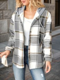 New Plaid Pattern Long Sleeved Hook And Loop Wool Lined Hooded Jacket For Warmth, Women's Plaid Hooded Drawstring Jacket, Single Breasted Closure, Com (Option: S)