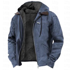 Winter Hooded Coat With Pockets Fashion Warm Fleece Zip-up Jacket Casual Outwear Men's Clothing (Option: Navy blue-S)