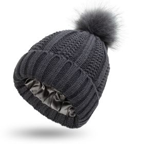 Winter Knitted Hats Fashion Stretchy Lined Skull Hats For Women Faux Fur Pom Pom Hat Keep Warming Beanie Hat (Option: Dark Grey-One size)