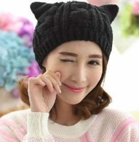 Hand Made 3D Cute Knitted Cat Ear Beanie For Winter (Option: Black)