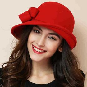 Women's French-style Elegant Retro Woolen Bowler Hat Curling Bow (Option: MM1966 Red-Free Size)
