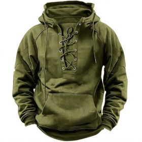Ins Lace-up Hoodie Casual Sports Pocket Sweatshirt Men's Long-sleeved Top Clothing (Option: Army Green-S)