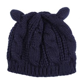 Hand Made 3D Cute Knitted Cat Ear Beanie For Winter (Option: Dark Blue)