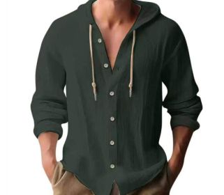 Cotton And Linen Shirt Hooded Sweater Button Long Sleeve (Option: Dark Green-L)