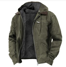 Winter Hooded Coat With Pockets Fashion Warm Fleece Zip-up Jacket Casual Outwear Men's Clothing (Option: Green-S)