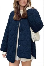 European And American Style Chic String Decoration Simple Solid Color Round Neck Loose Cotton Coat (Option: Navy blue-S)