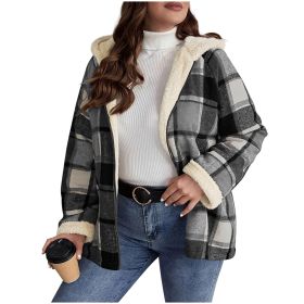 Plaid Printed Coat Fleece-lined Thickened Composite Hooded (Option: Gray-S)