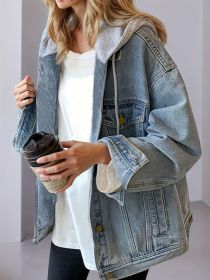Women's Hooded Denim Jacket, Oversized Retro Denim Jacket, Elastic And Loose, Comfortable And Lightweight (Option: XL)
