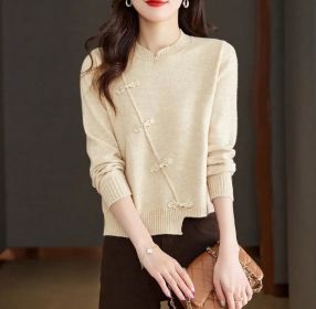 Red Thickened Knit Sweater New Irregular Temperament (Option: Flower Beige-S)