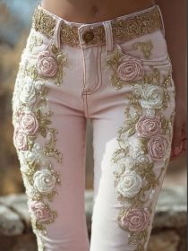 Women's Retro Pink Rose Embroidered Artistic Printed Jeans Elegant (Option: Pink-S)