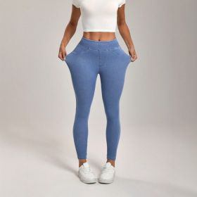 High Waist Slimming Hip Raise Tight Double Pocket Sports Casual Ankle Banded Pants (Option: Light Blue-S)