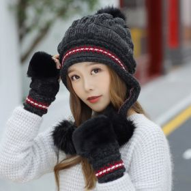 Cozy Knit Fleece-Feel Beanie With Ear Flaps & Pompom Warm Winter Hat For Women Perfect For Skiing & Outdoor Activities (Option: Black-With gloves)