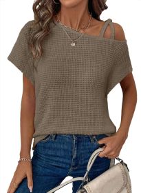 Women's Short-sleeved Solid Color Top Fashionable All-match Off-shoulder Knitted T-shirt (Option: Brown-L)