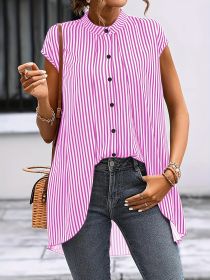 Black And White Striped Fake Two-piece Short-sleeved Shirt, Round-neck Front-buttoned Shirt (Option: Fen-S)