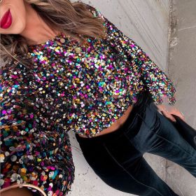 Women's Sequins Zipper Clothes Long Sleeve Cardigan Jacket (Option: Colorful-S)