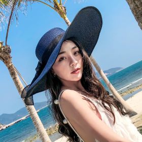 Women's Seaside Summer Vacation Foldable Sun Hat With Wide Brim (Option: Black Edge Navy Blue-Average Size)