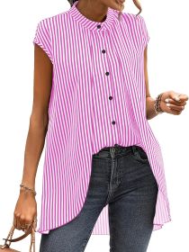 Black And White Striped Fake Two-piece Short-sleeved Shirt, Round-neck Front-buttoned Shirt (Option: Fen-L)
