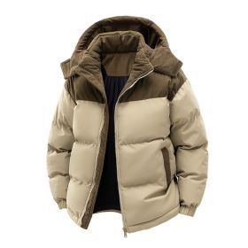 Detachable Hat Cotton-padded Coat For Couple Color Contrast Patchwork Thickened (Option: Khaki-S)
