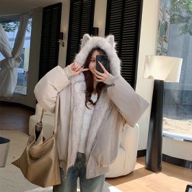 Short Stitching Casual Fashion Trends Loose Cotton Coat (Option: Greige-M)