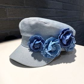 Denim Flat-top Cap Women's Three-dimensional Contrast Color Flowers (Option: Light Blue-M)