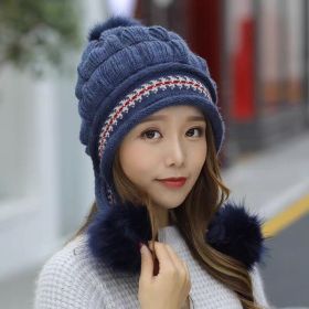 Cozy Knit Fleece-Feel Beanie With Ear Flaps & Pompom Warm Winter Hat For Women Perfect For Skiing & Outdoor Activities (Option: Blue-Hat)