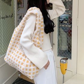 Waffle Flannel Bag Tote Bag Large Capacity Commute Minimalist Student Class Bag (Option: Yellow Grid)