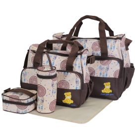 5Pcs Baby Nappy Diaper Bags Set Mummy Diaper Handbags With Diaper Pad Food Bag Bottle Bag Travel Tote Bags For Mom Dad (Option: Coffee)