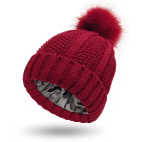 Winter Knitted Hats Fashion Stretchy Lined Skull Hats For Women Faux Fur Pom Pom Hat Keep Warming Beanie Hat (Option: Wine Red-One size)