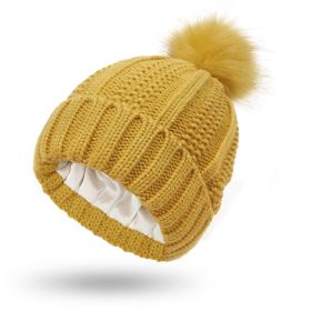 Winter Knitted Hats Fashion Stretchy Lined Skull Hats For Women Faux Fur Pom Pom Hat Keep Warming Beanie Hat (Option: Yellow-One size)