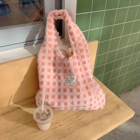 Waffle Flannel Bag Tote Bag Large Capacity Commute Minimalist Student Class Bag (Option: Pink Plaid)
