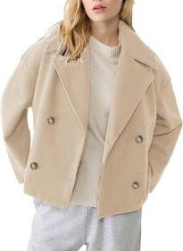 Ins Double-breasted Lapel Blazer Jacket Fashion Loose Woolen Short Coat Elegant Commuting Women's Clothing (Option: Apricot color-2XL)