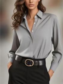 Women's Solid Color Loose Button Lapel Shirt (Option: Light Gray-XS)