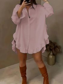 Women's Plus Size Casual Shirt With Ruffle Hem, Solid Color, Woven Polyester, Non-Stretch, Pointed Collar, Button Front, For All Seasons (Option: Pink-4XL)