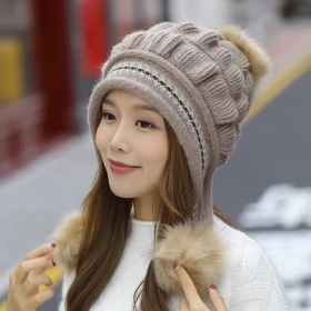 Cozy Knit Fleece-Feel Beanie With Ear Flaps & Pompom Warm Winter Hat For Women Perfect For Skiing & Outdoor Activities (Option: Khaki-Hat)
