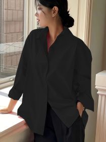 Plus Size Women's Elegant Casual Business Long Sleeve Shirt - Classic Collar Button-Up Blouse, Solid Color Non-See-Through Fabric, (Option: Black-2XL)